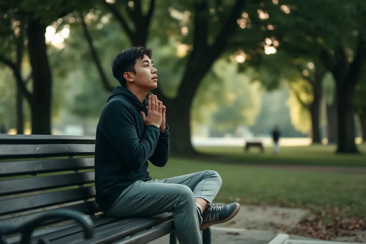 A person sitting on a park bench taking a slow breath
