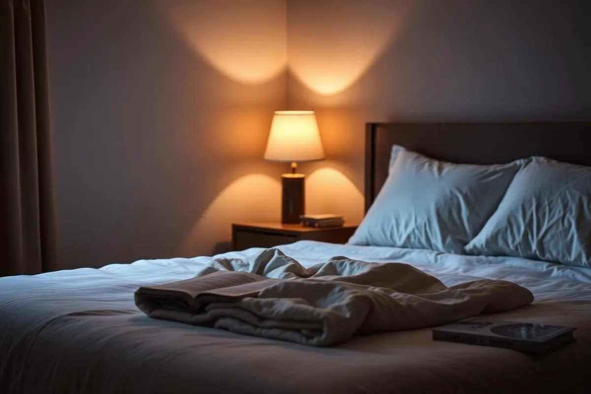 A calm bedroom lit by a warm bedside lamp at night